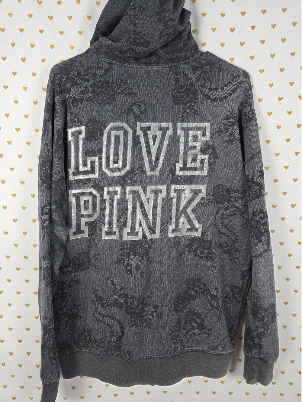 PINK Victoria's Secret Gray Lace Floral Zip Hoodie Jacket LOVE PINK Graphic M